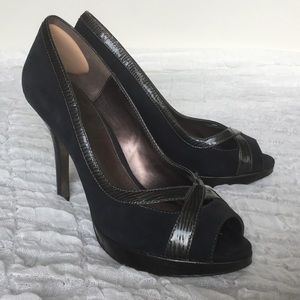 NAVY Velvet Peep Toe Platform Stiletto